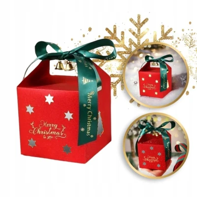 Dárkové krabičky ozdobné vánoční skládací se stuhou Merry Christmas 10x10 cm