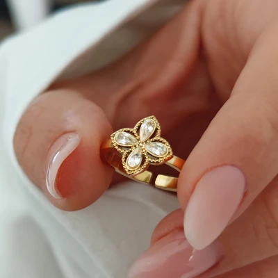 Nastavitelný prsten z nerezové oceli Diamond Flower Petals
