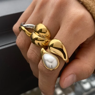 Prsten "Golden Tear" s perlou, nastavitelný, R6, R7 | 14karátové zlato | Nerezová ocel